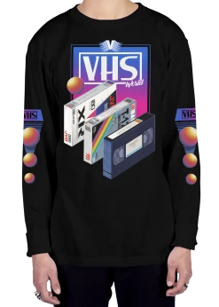 T6 VHS World Long Sleeve Tee 11 T6 VHS World Long Sleeve Tee -T6 shop VHSWorldblackLongSleeveTShirt product mockup