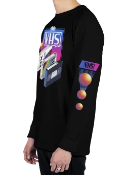 T6 VHS World Long Sleeve Tee 13 T6 VHS World Long Sleeve Tee -T6 shop VHSWorldblacksideLongSleeveTShirt product mockup