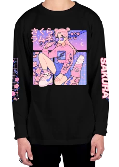 T6 Sakura Long Sleeve Tee -T6 shop sakurafrontblackLongSleeveTShirt product mockup